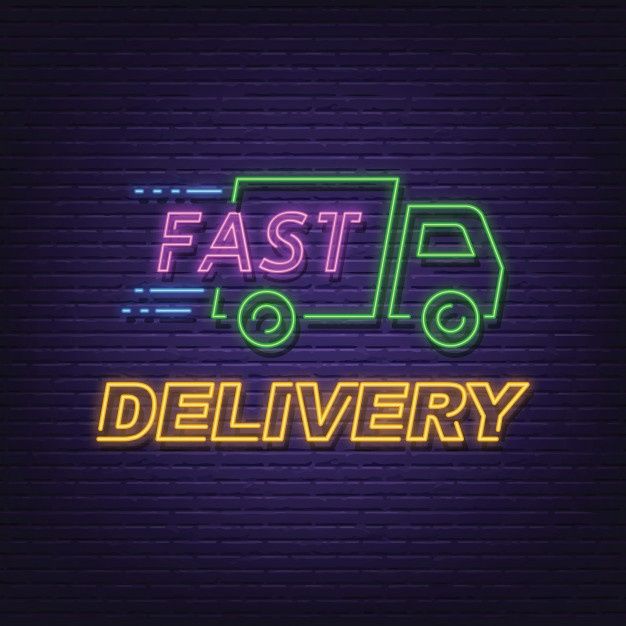 fast food delivery neon sign on brick wall background with the words'fast'and'delivery '