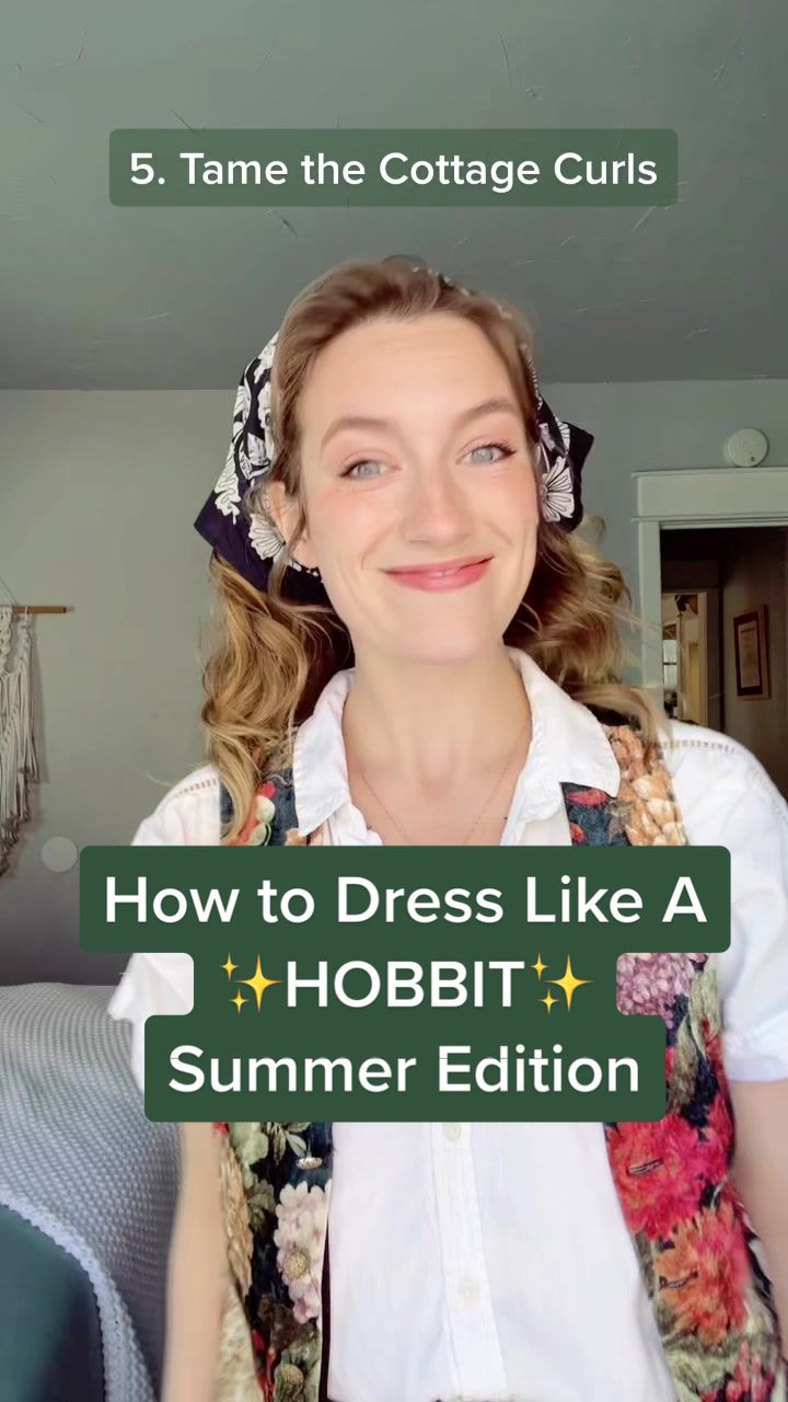 a woman wearing a dress like a hobbit and smiling at the camera with text overlay reading how to dress like a hobbit summer edition 5 tame the cottage curls