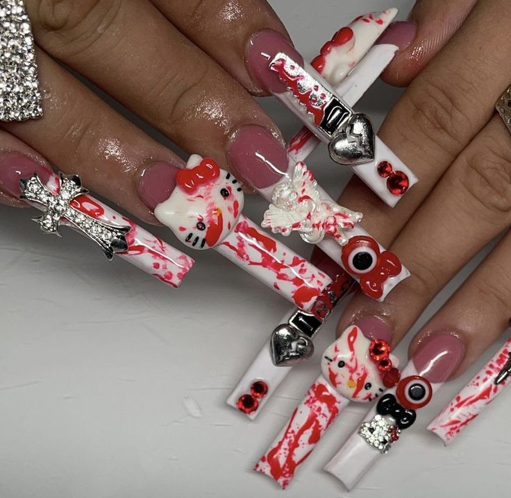 Bohemian Nails, Halloween Hello Kitty, Kitty Nails, Punk Nails, Vintage Nails, Goth Nails, Edgy Nails, Work Nails, Hello Kitty Nails