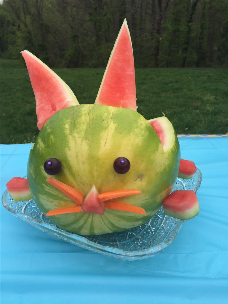 a watermelon sculpture of a cat made to look like it is sitting on top of a table