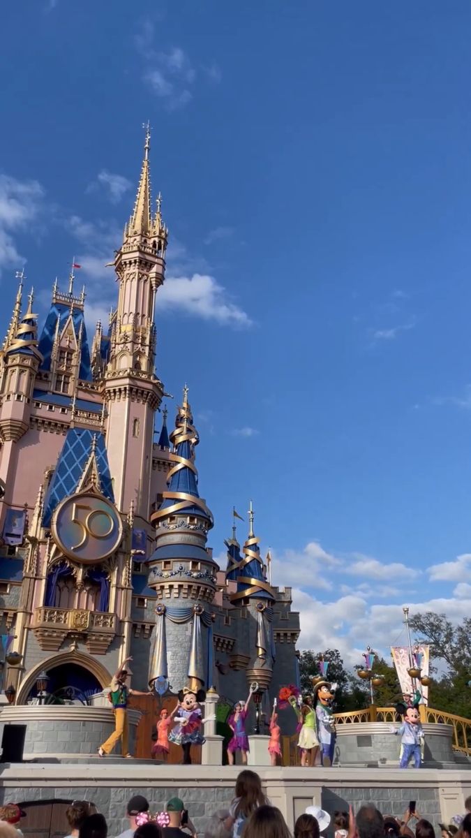 people are standing in front of the castle