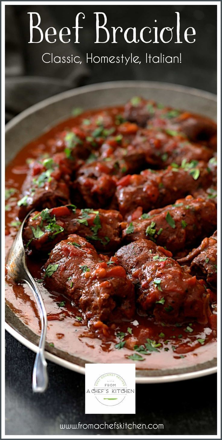 beef braciate with tomato sauce and parsley in a bowl on a table