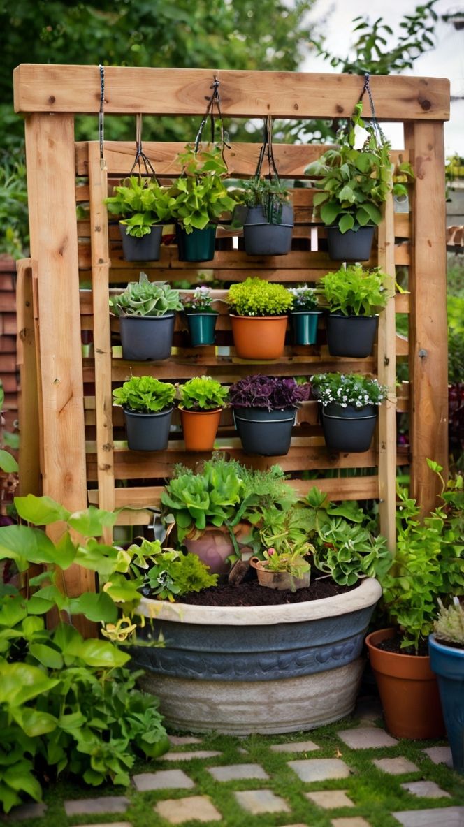 a garden filled with lots of potted plants next to a wooden trellis on the side of a building