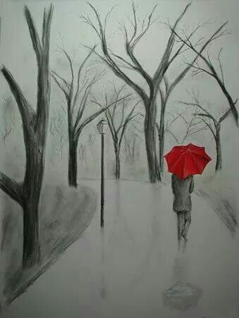 a drawing of a person walking in the rain with an umbrella