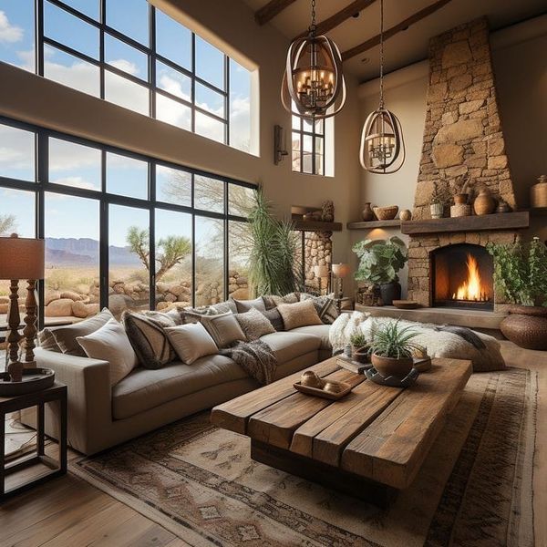 a living room filled with furniture and a fire place in front of a window that looks out onto the desert