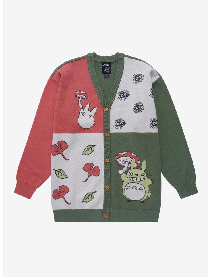 a green and red cardigan sweater with cartoon characters on the front, two different colors