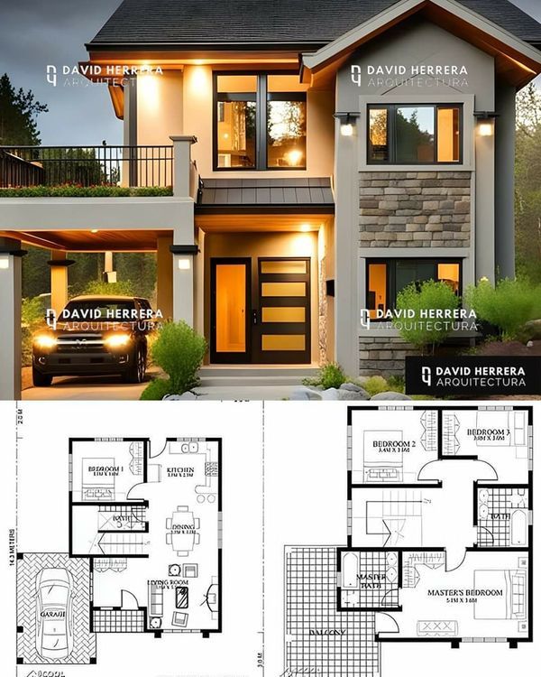 two story house plan with 2 car garage and living room in the second floor area