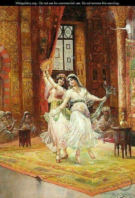 a painting of two women dancing in a room