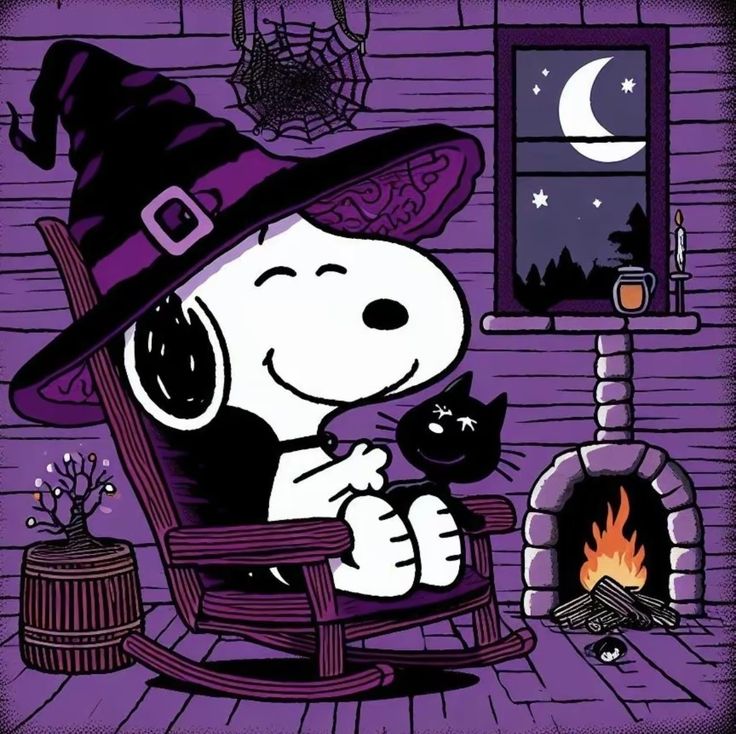 a cartoon dog wearing a witches hat sitting in a rocking chair next to a fire place