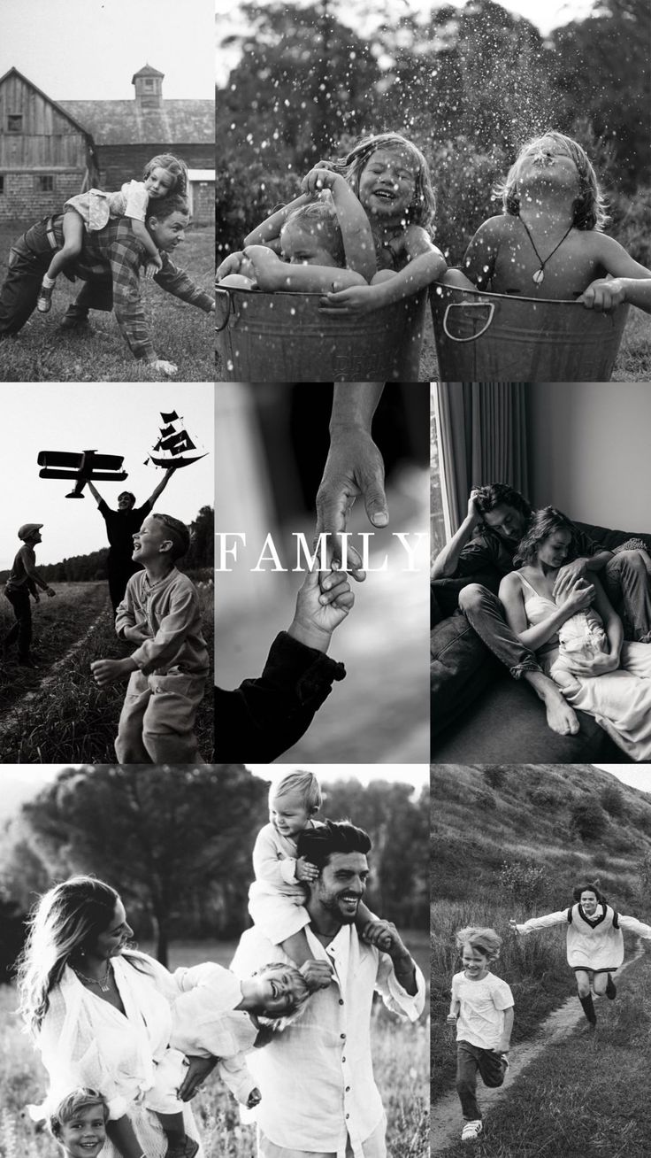 black and white photos of people in the grass with words that say family on them