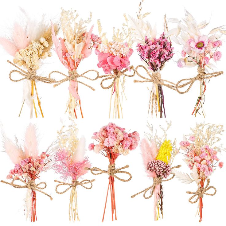 a bunch of flowers tied together with twine and burlaps on a white background