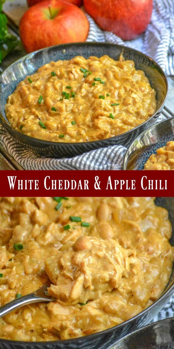 white cheddar and apple chilli in two serving dishes with apples behind them