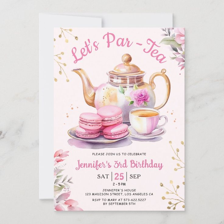 a tea party card with pink macaroons and cupcakes on the table