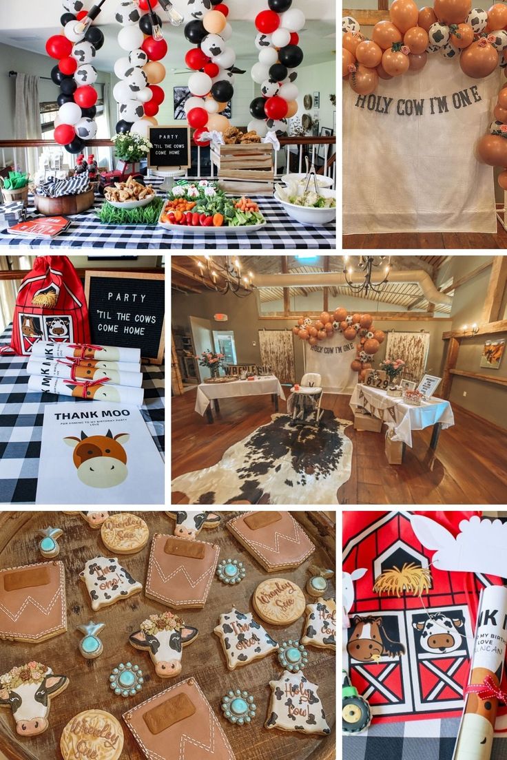 a collage of photos with balloons, cookies and desserts on the table at a farm themed birthday party