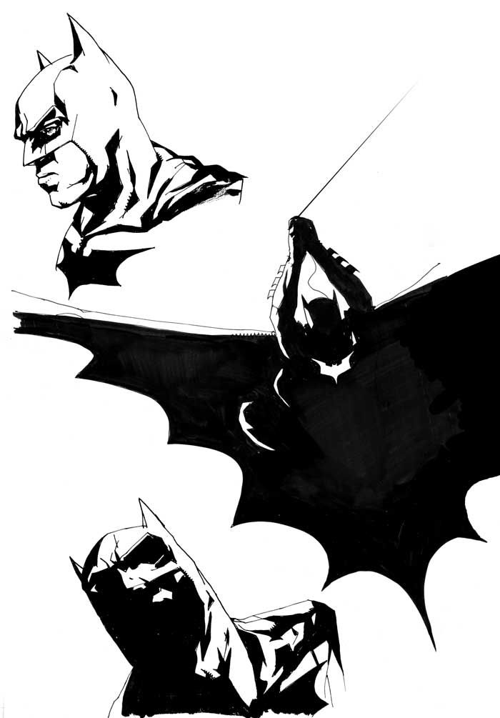 two black and white drawings of batman characters