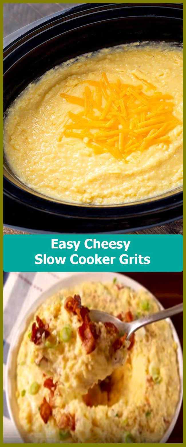 two pictures showing how to make cheesy slow cooker grits