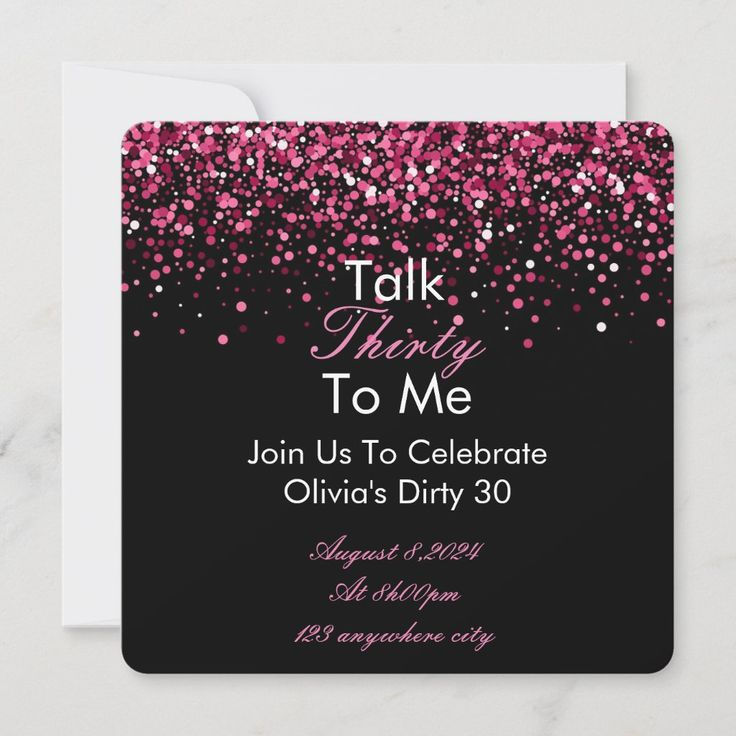 a pink and black confetti themed party card with the words talk thank to me on it