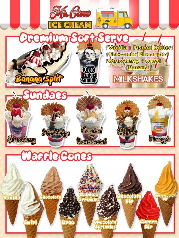 an ice cream menu with different types of ice creams and toppings on it