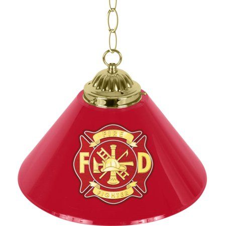 a red light hanging from a chain with a fire department emblem on the front and side