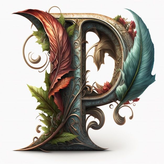 the letter p is decorated with colorful leaves and flowers, as well as an ornamental design