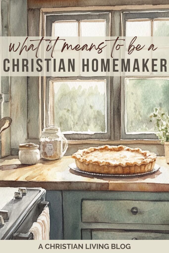 a watercolor painting of a pie on a kitchen counter with the words, what it means to be a christian homemaker