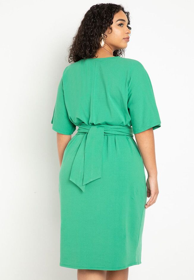 Cross Front Flutter Sleeve Dress | Eloquii Green Surplice Neckline Dress With Tie Waist, Green Dress With Tie Waist And Surplice Neckline, Solid V-neck Dress With Tie Waist, V-neck Tie Waist Dress For Daywear, Fitted V-neck Belted Dress For Daywear, Green V-neck Wrap Dress With Tie Waist, Belted V-neck Daywear Dresses, Green Midi Dress With Tie Waist And Surplice Neckline, Chic Solid Color Dress With Tie Waist