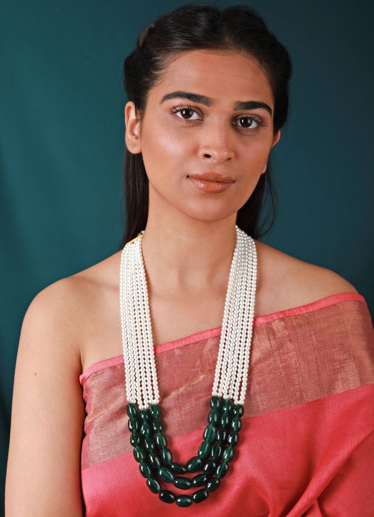 Emerald Green And Pearl Beaded Necklace Riana by Shikha Jindal - Fabilicious Fashion Emerald Bead Necklace, Green Beaded Pearl Necklace For Celebrations, Celebration Green Beaded Pearl Necklace, Multi-strand Pearl Necklace With Gemstone Beads, Multicolor Beaded Pearl Necklace For Celebration, Party Pearl Necklace With Round Gemstone Beads, Multi-strand Pearl Beaded Necklace With Faceted Beads, Long Pearl Necklace With Gemstone Beads, Festive Green Beaded Necklace With Pearl Chain