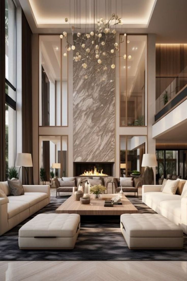 A luxurious, modern living room with double-height ceilings and large windows, featuring a central marble fireplace. The space includes plush, neutral-toned sofas arranged around a wooden coffee table, with a cascading chandelier hanging from the ceiling. The room is brightened by natural light, creating a warm and inviting atmosphere. Modern Living Room Ideas Luxury, Furniture Ideas Bedroom, Bedroom Wall Painting, Luxury Living Room Inspiration, Dream House Modern, Mansion Living Room, Lavish Living Room, Double Height Living Room, Houses Modern