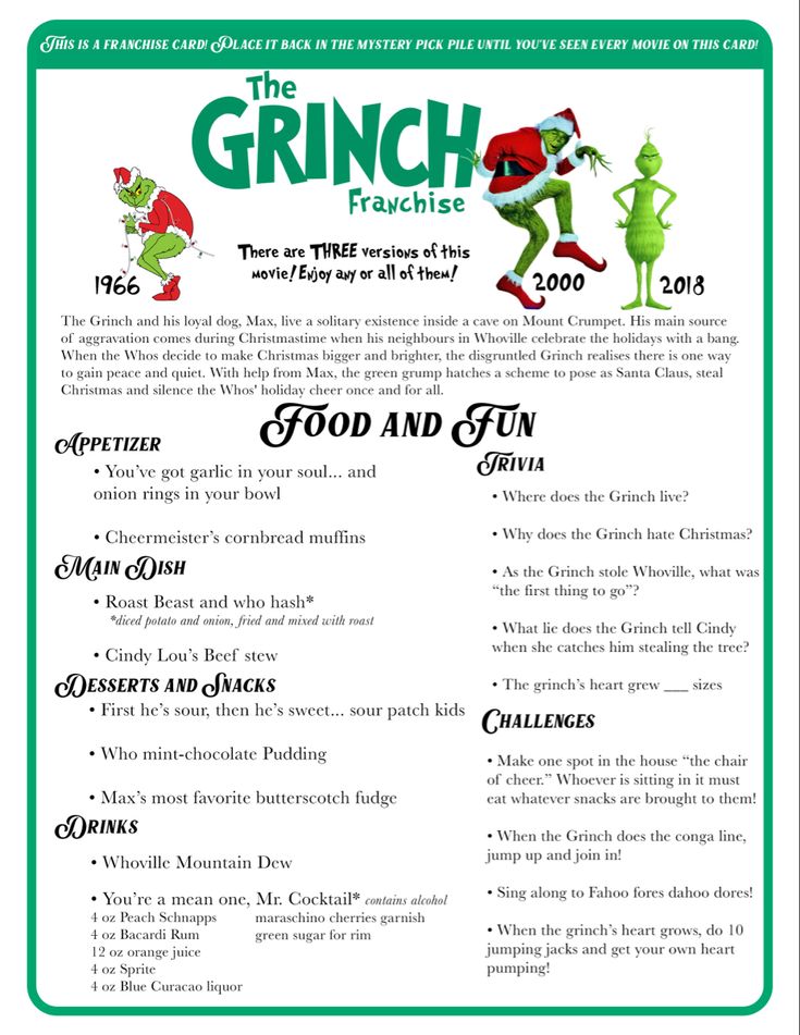 a flyer for the grinch frashes christmas party, with an image of two elves