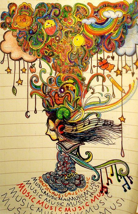 a drawing of a woman's head with rainbows, stars and clouds on it