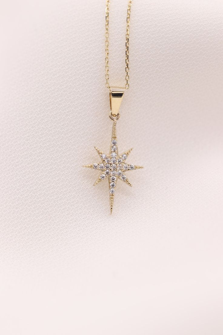 "14k 18k Gold North Star Necklace / Handmade North Star Necklace / Gold North Star Necklace Available in Gold, Rose Gold, White Gold ❥ ITEM DETAILS ---> Gold Color of Choice : Yellow Gold, Rose Gold, White Gold ---> Material : 14k ( 585 ) or 18k ( 750 ) Real Gold. It is Not Gold Filled or Gold Plated ---> Made to order ---> Closure: Spring Ring ---> Adjustable Chain is Optional ---> Ship in 3- 5 Business Days ---> Length of Chain 14 inches - 20 inches ---> Bail Size: 6 mm 14k Gold Star Necklace For Gift, 14k Gold Star Necklace As Gift, 14k Gold Star Necklace Perfect For Gifts, 14k Gold Star-shaped Necklace For Anniversary, Starburst Fine Jewelry Necklace As Gift, Yellow Gold Starburst Necklace For Gift, Yellow Gold Starburst Necklace As Gift, Starburst Fine Jewelry Necklace For Gift, 14k White Gold Star Necklace