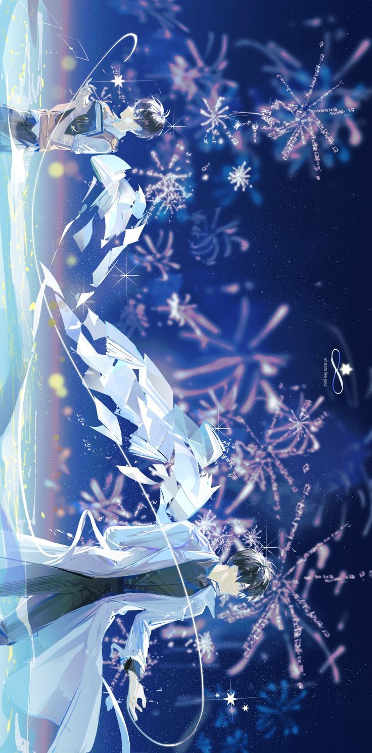 an anime scene with snowflakes and stars