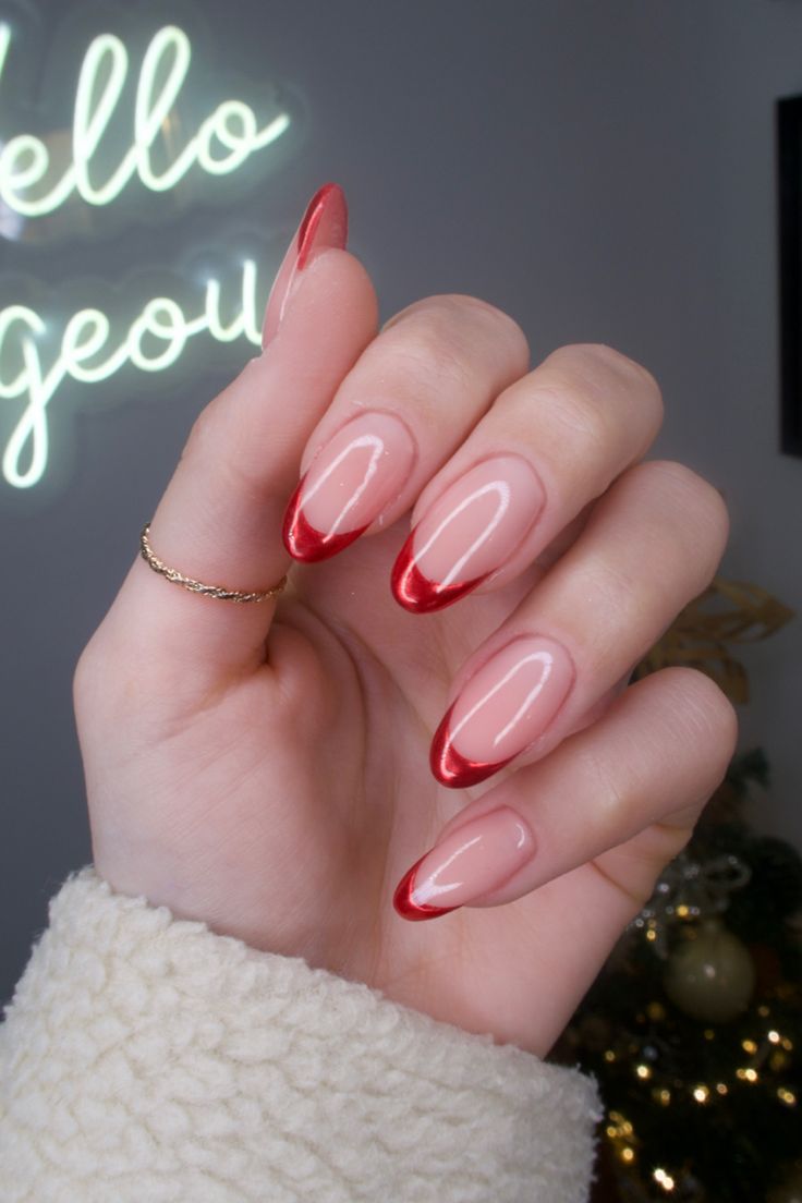 Glittery Pink Nail Designs, Red Chrome Powder Nails, Red Tip Oval Nails, Glazed Christmas Nails, Red Tip Chrome Nails, Red Chrome French Tip Nails Almond, Red Chrome Nails Almond French Tip, Simple Christmas Nails Chrome, Red Chrome Tips