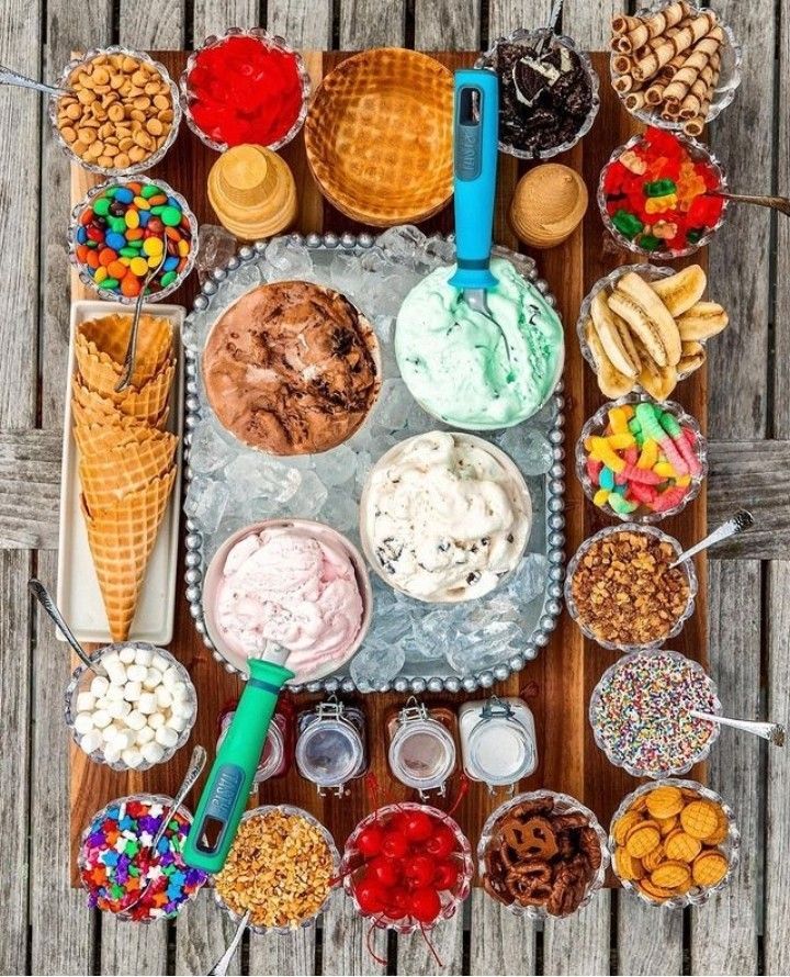 an overhead view of ice cream and desserts