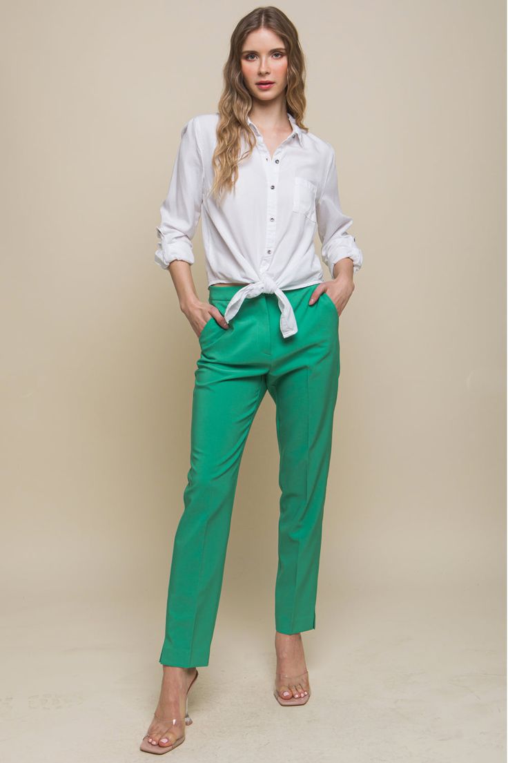 Easy to wear in trending green, this piece will add just the right element to any outfit! Perfect to pair with a crisp white button up or simple white fitted tank Available in Small, Medium, Large and XLarge Runs true to size. Straight leg with side pockets Tencel Shirt, Jean Fabric, Formal Blazer, Jeans Fabric, Sweatshirt Short Sleeve, White Button Up, Activewear Sets, Simple White, Tailored Pants