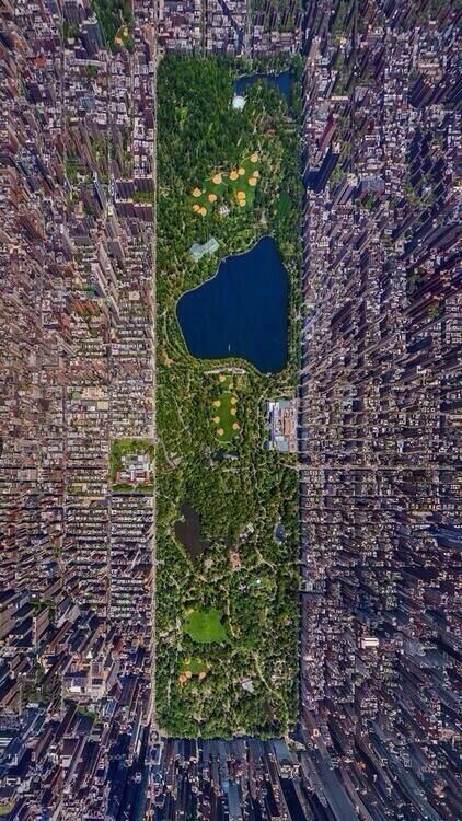 an aerial view of new york city from the air, looking down on central park