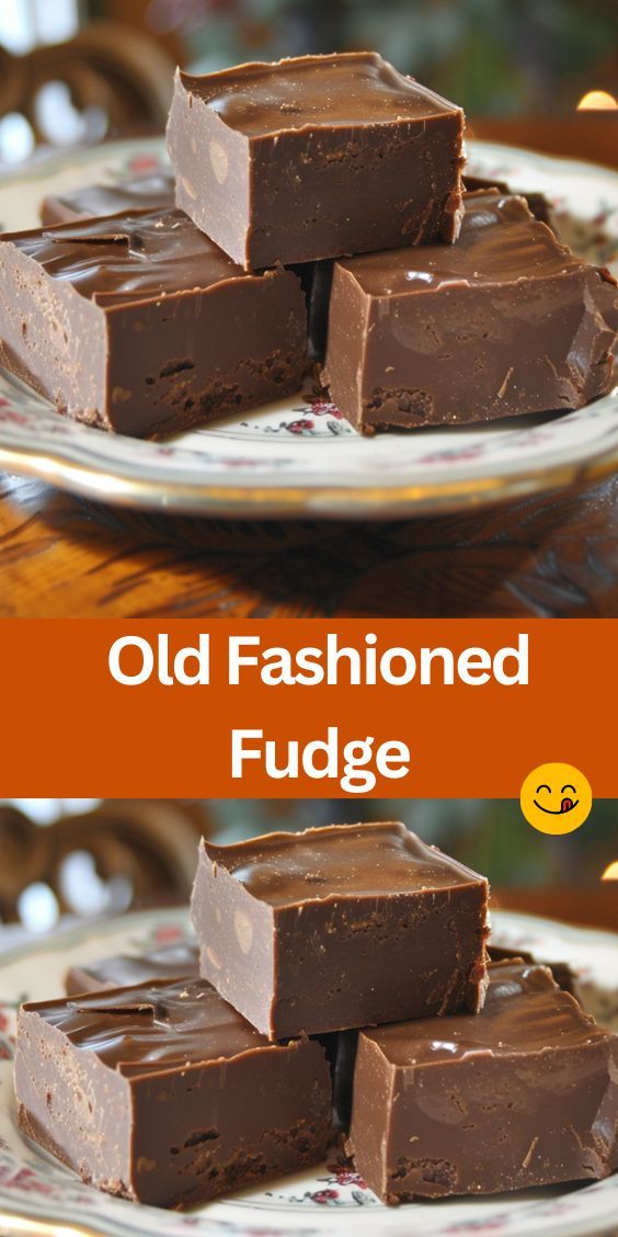 old fashioned fudge cake on a plate with the words, old fashioned fudge