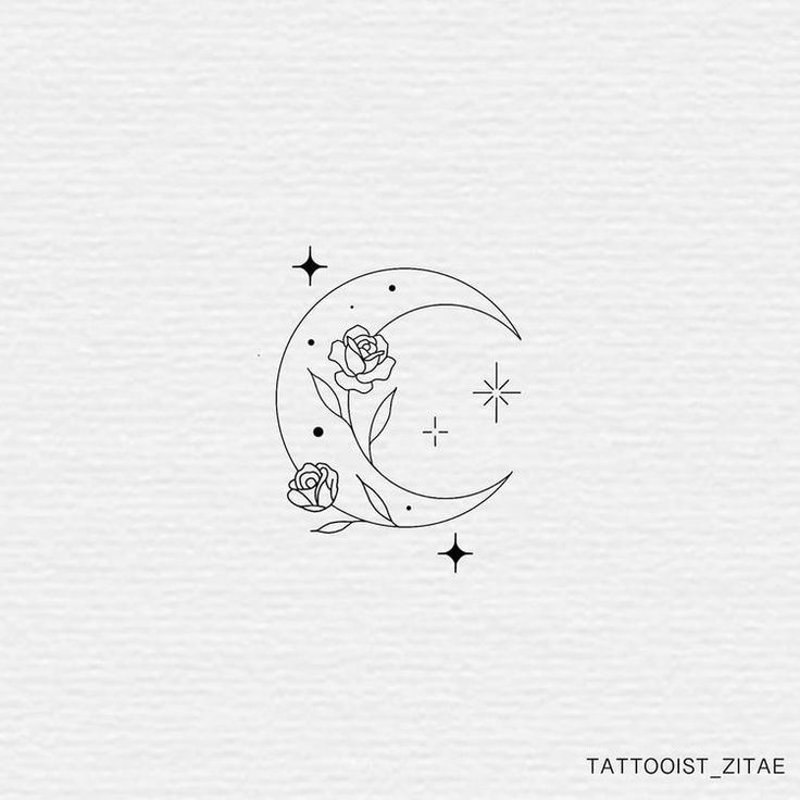 a tattoo design with flowers and stars on the moon in black ink, against a white paper background