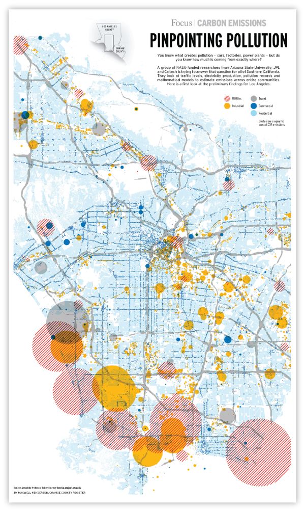 a map with different colored dots on it and the words pinpointing pollution written in red