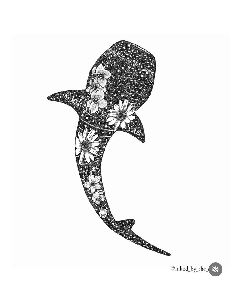 a black and white drawing of a shark with flowers on it's back end