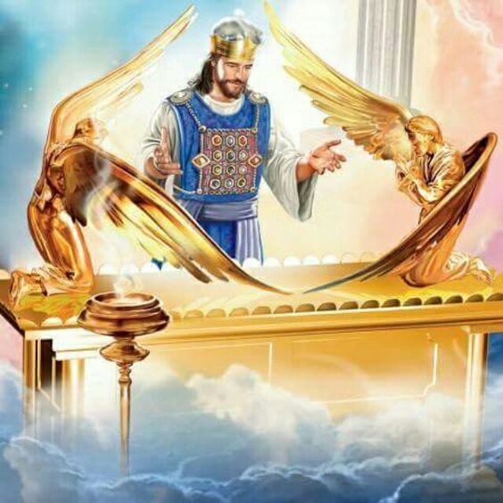 a painting of jesus holding his hands out in front of two golden doves and an angel