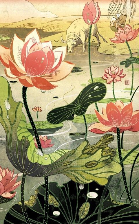 an image of water lilies in the pond with birds flying over them and other flowers