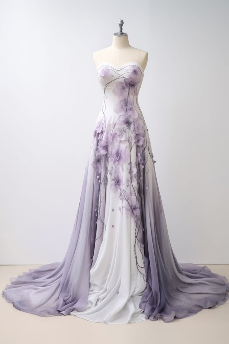 Lavender flower inspired gown Wedding Dresses Lavender And White, Lavender And White Wedding Dress, Light Purple And White Wedding Dress, Light Lavender Wedding Dress, Purple Flower Wedding Dress, Wedding Dresses With Purple Accents, Lavender Dress Wedding, Lavendar Wedding Dress, Lavender Wedding Dress The Bride