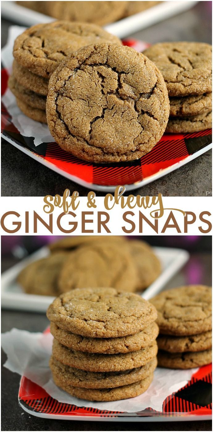 ginger snaps cookies stacked on top of each other with the words, soft and chewy ginger snaps