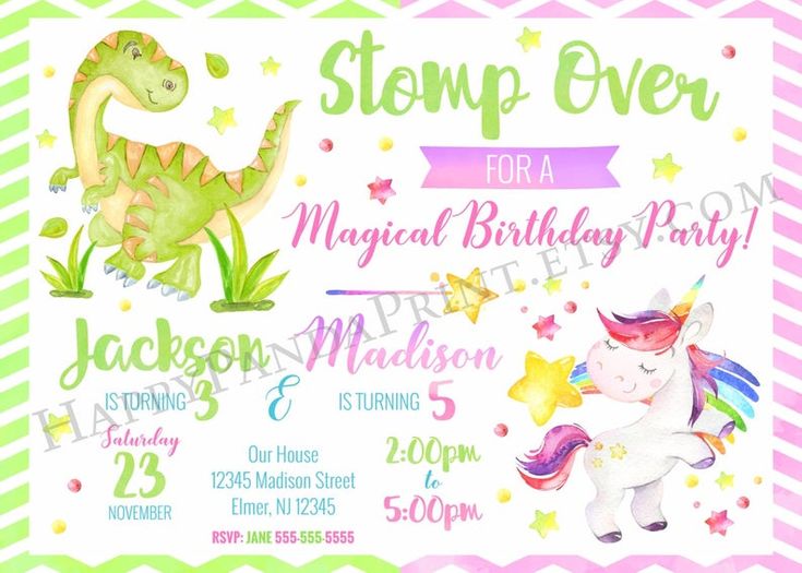 a birthday party with an image of a unicorn and a dinosaur