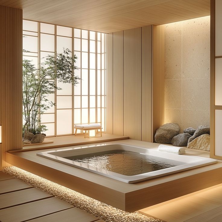 an indoor jacuzzi tub in a japanese style room