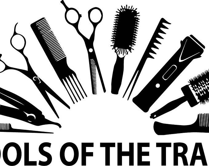 the tools of the trade logo with scissors, combs and hairbrushes arranged in a circle