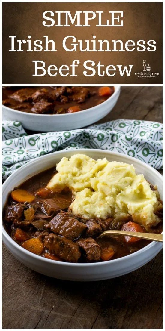 two white bowls filled with beef stew and mashed potatoes, on top of a wooden table