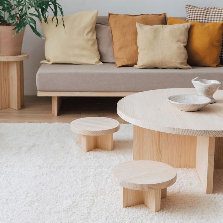 a living room with a couch, coffee table and potted plant in the corner