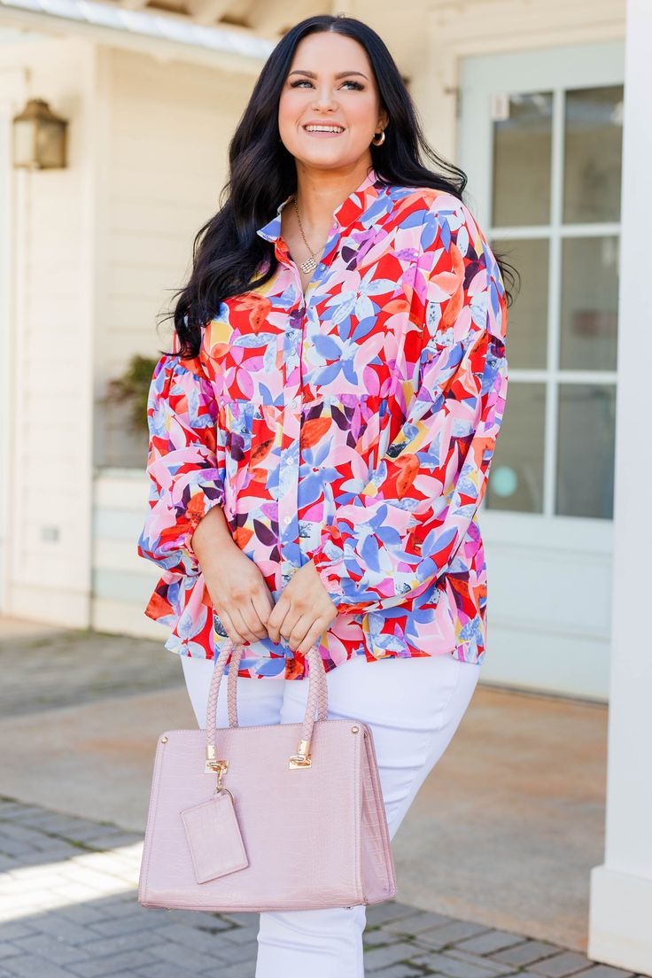 Chic Soul plus size clothing, red long sleeve button up top with floral multicolor pattern Trendy Printed Blouse For Day Out, Feminine Multicolor Blouse For Day Out, Chic Red Printed Blouse, Chic Floral Print Patterned Blouse, Chic Red Printed Tops, Chic Patterned Floral Print Blouse, Trendy Floral Print Patterned Blouse, Chic Tops With Vibrant Print For Brunch, Chic Vibrant Print Tops For Brunch